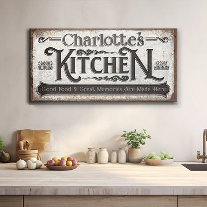 Custom Kitchen Sign II canvas with rustic gray distress and ornate Charlottes Kitchen lettering on Tampa Home & Garden Store