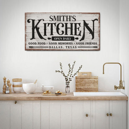 Custom Kitchen Sign canvas Tailored Canvases rustic wood sign with SMITH'S KITCHEN OPEN DAILY on Tampa Home & Garden Store
