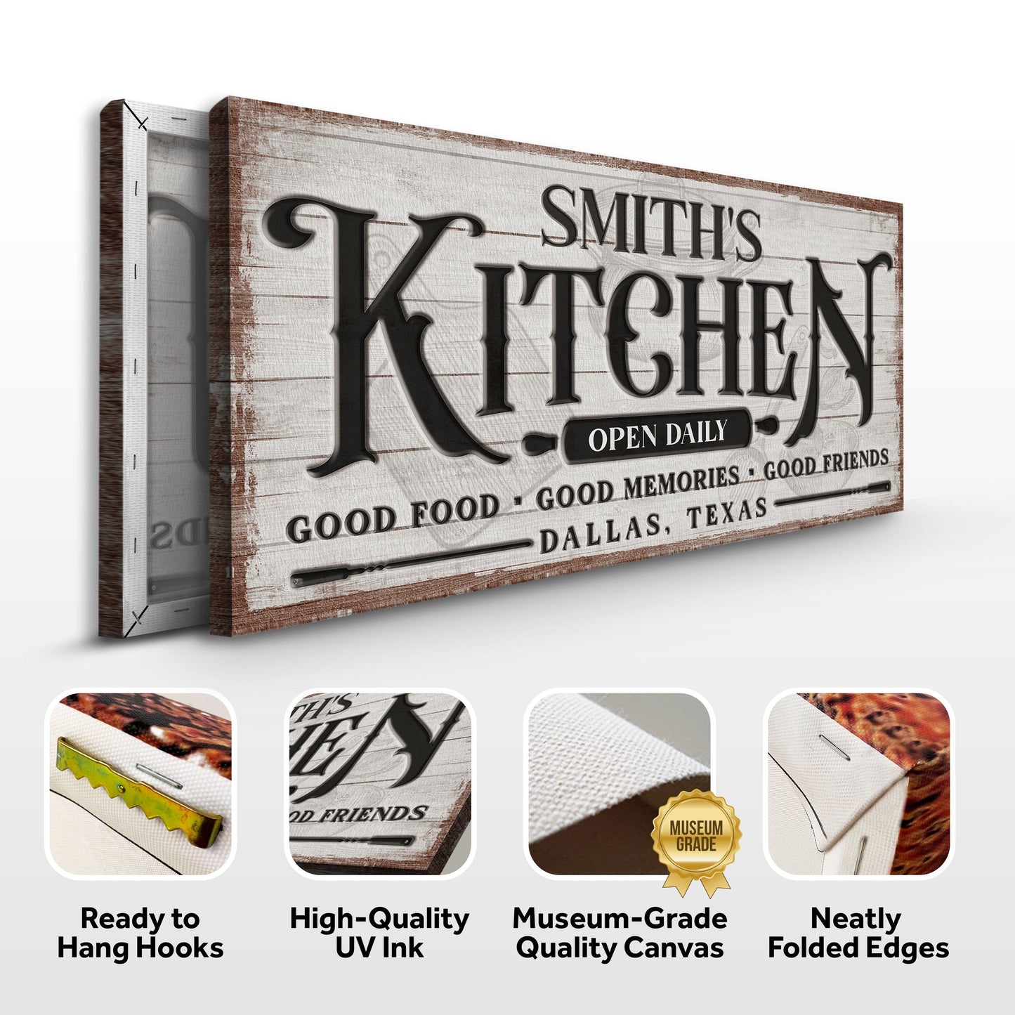 Custom Kitchen Sign canvas by Tailored Canvases with white wood and black lettering on Tampa Home & Garden Store