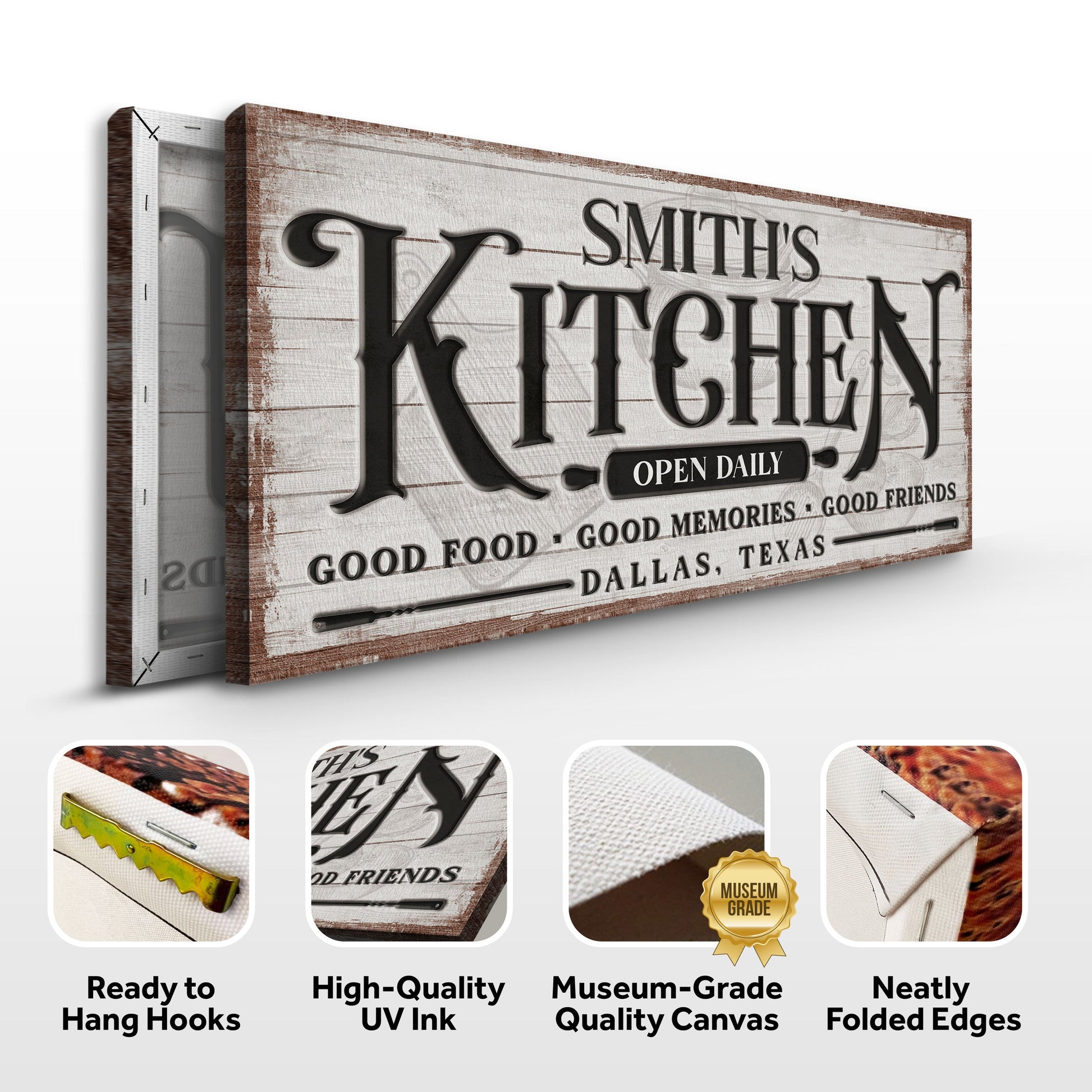 Custom Kitchen Sign canvas by Tailored Canvases with white wood and black lettering on Tampa Home & Garden Store