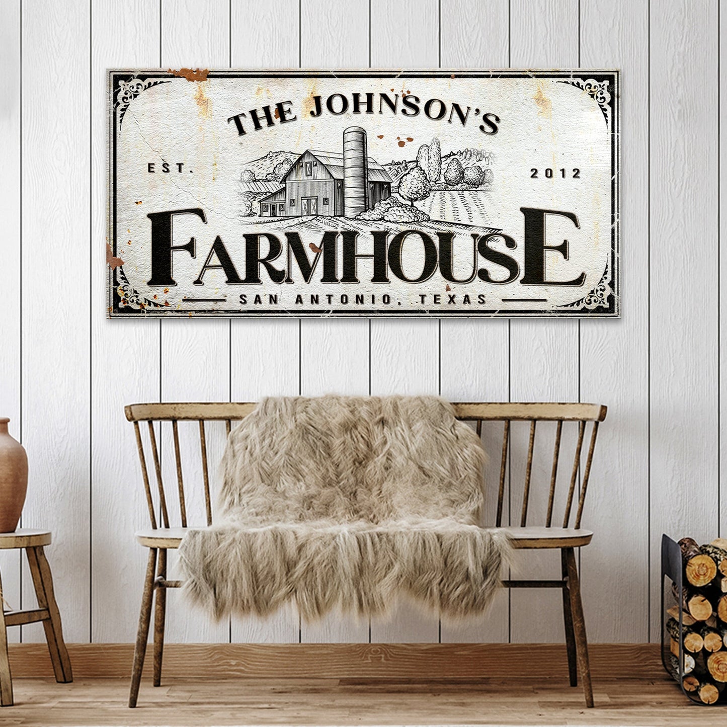 Custom Rustic Farmhouse Sign III canvas artwork with barn scene and FARMHOUSE lettering on Tampa Home & Garden Store