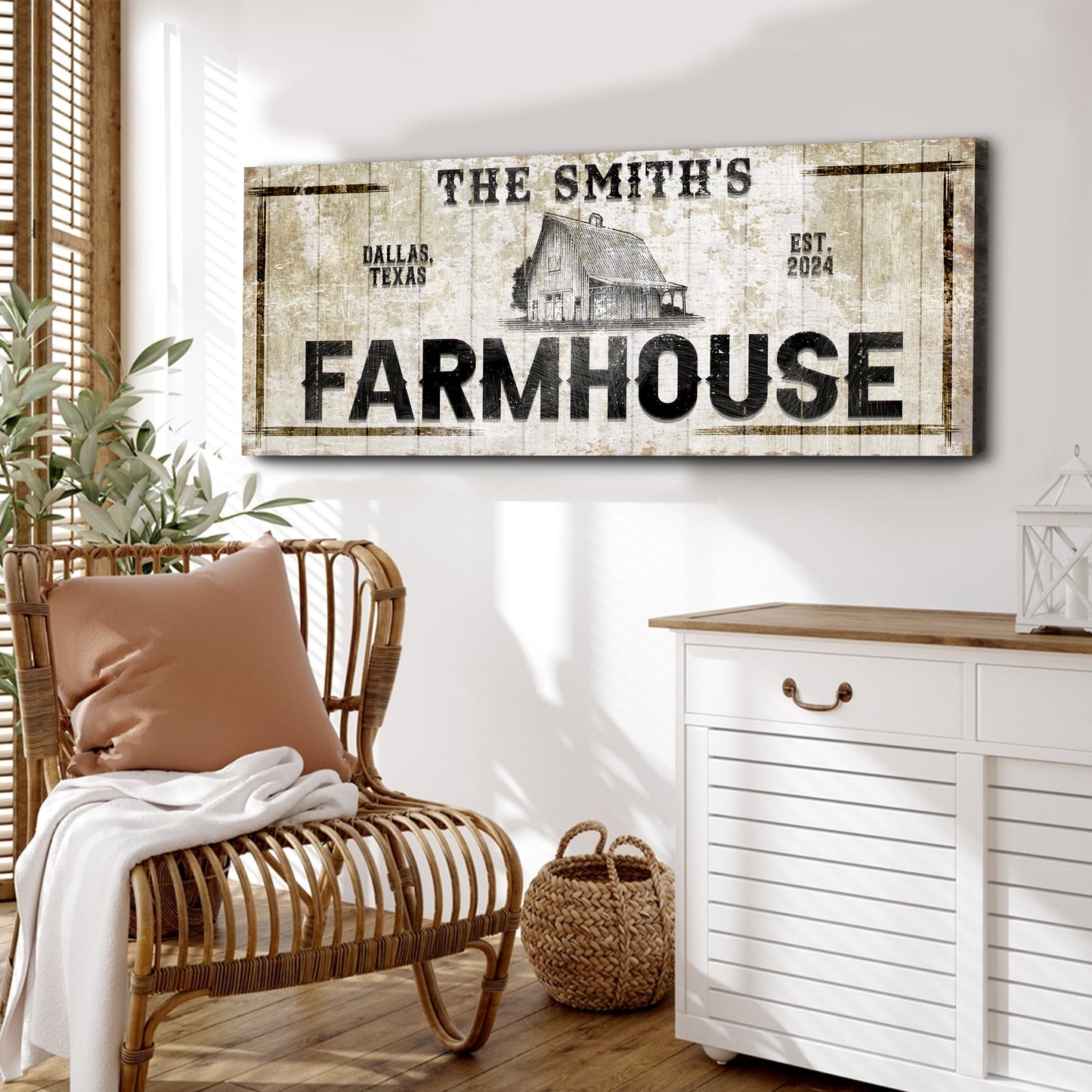 Custom Rustic Farmhouse Sign canvas with distressed wood and barn illustration on Tampa Home & Garden Store