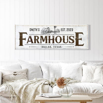 Custom Rustic Farmhouse II canvas by Tailored Canvases; white sign with FARMHOUSE lettering on Tampa Home & Garden Store