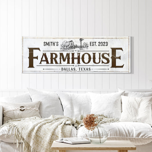 Custom Rustic Farmhouse II canvas by Tailored Canvases; white sign with FARMHOUSE lettering on Tampa Home & Garden Store