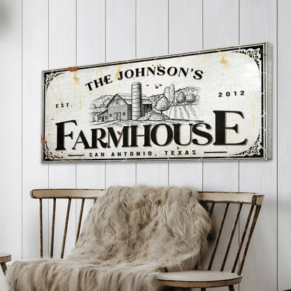 Custom Rustic Farmhouse Sign III canvas print with distressed beige background and black border on Tampa Home & Garden Store