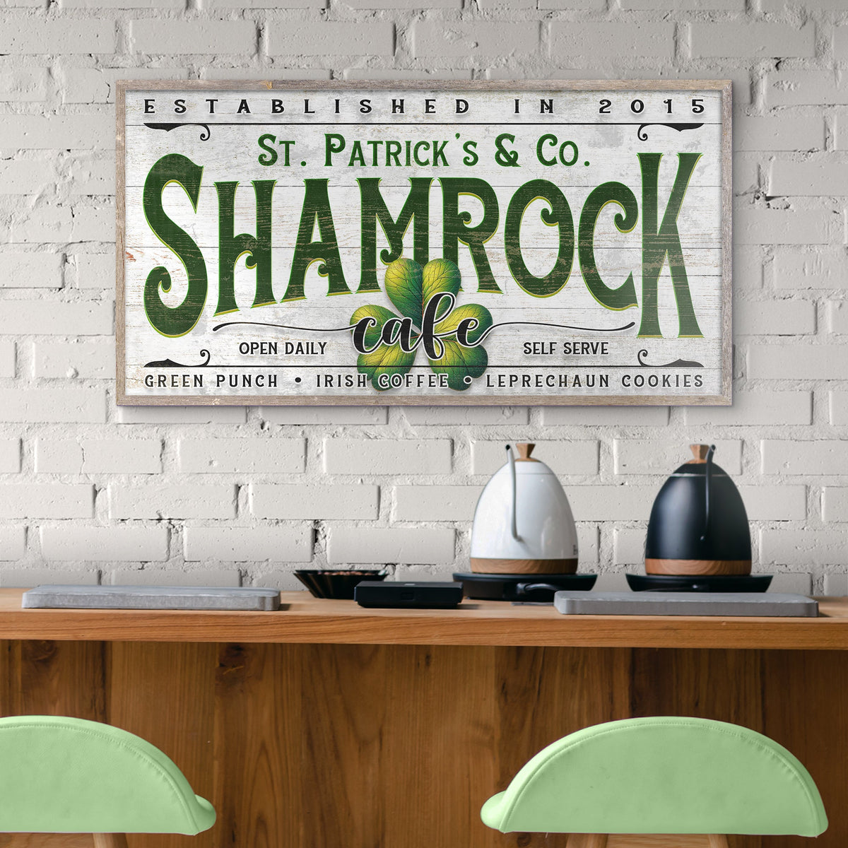 Custom Shamrock Cafe Sign canvas by Tailored Canvases with green lettering and shamrock on Tampa Home & Garden Store