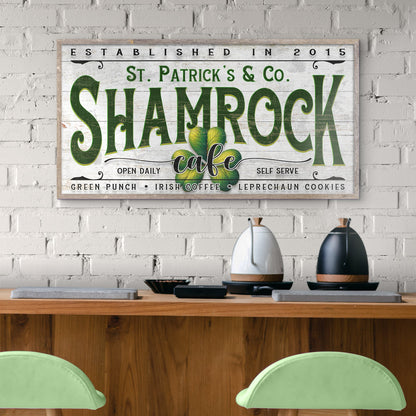 Custom Shamrock Cafe Sign canvas by Tailored Canvases with green lettering and shamrock on Tampa Home & Garden Store
