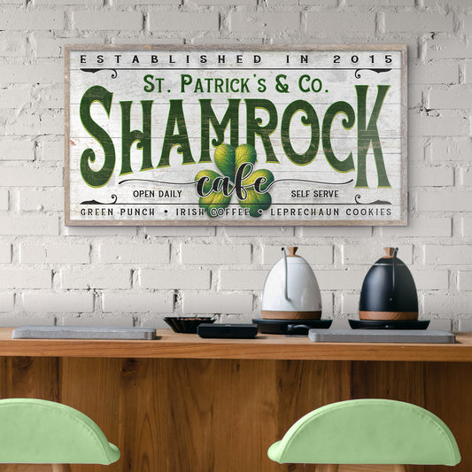 Custom Shamrock Cafe Sign canvas by Tailored Canvases with green lettering and shamrock on Tampa Home & Garden Store