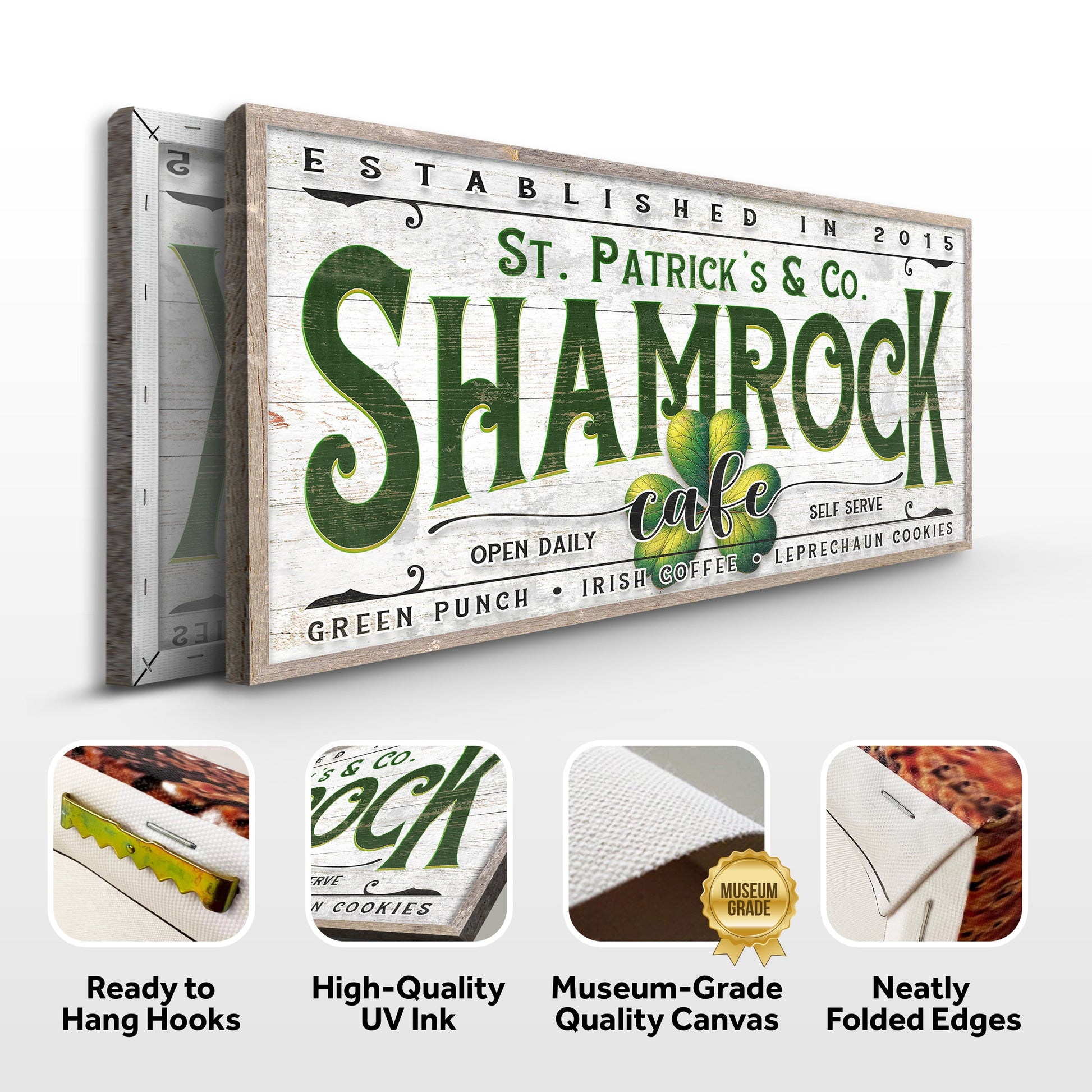 Custom Shamrock Cafe Sign canvas with weathered white wood and green lettering Tailored Canvases on Tampa Home & Garden Store
