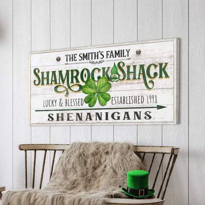 Custom Shamrock Shack Sign canvas with distressed white finish and green shamrock on Tampa Home & Garden Store