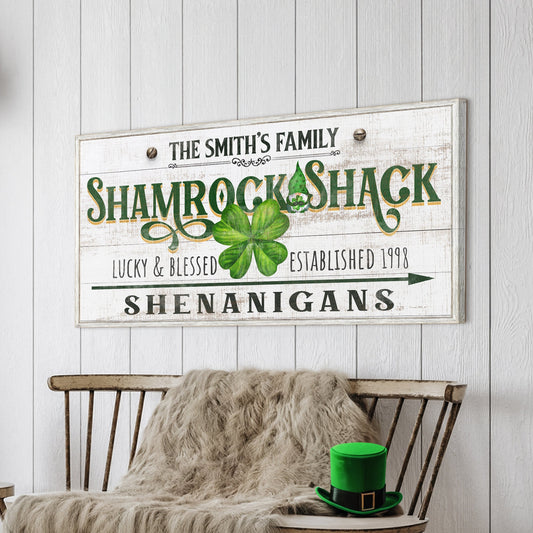 Custom Shamrock Shack Sign canvas with distressed white finish and green shamrock on Tampa Home & Garden Store