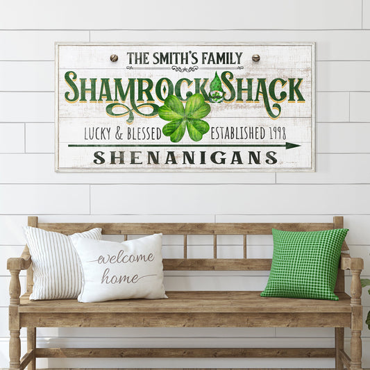Custom Shamrock Shack Sign canvas with rustic wood and green shamrock by Tailored Canvases on Tampa Home & Garden Store