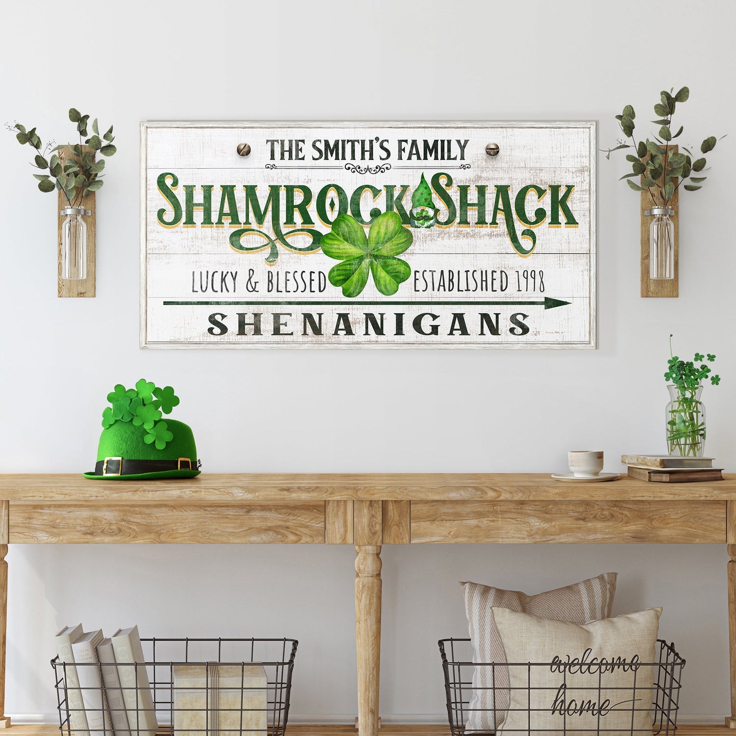 Custom Shamrock Shack canvas sign with white wood and green lettering Tailored Canvases on Tampa Home & Garden Store