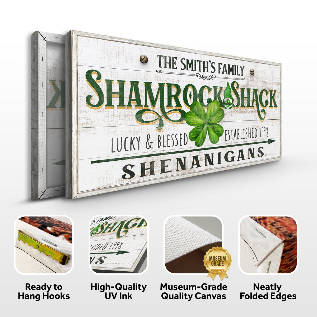 Custom Shamrock Shack Sign canvas with wood grain, green lettering and shamrock by Tailored Canvases on Tampa Home & Garden Store
