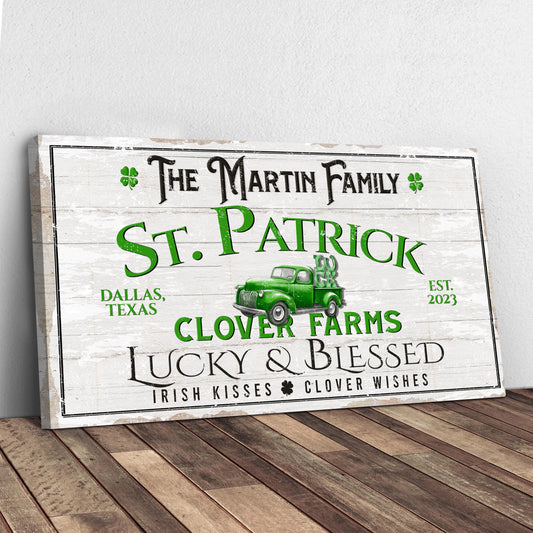 Custom St Patrick Farmhouse Family Sign canvas with distressed white wood text and clover on Tampa Home & Garden Store