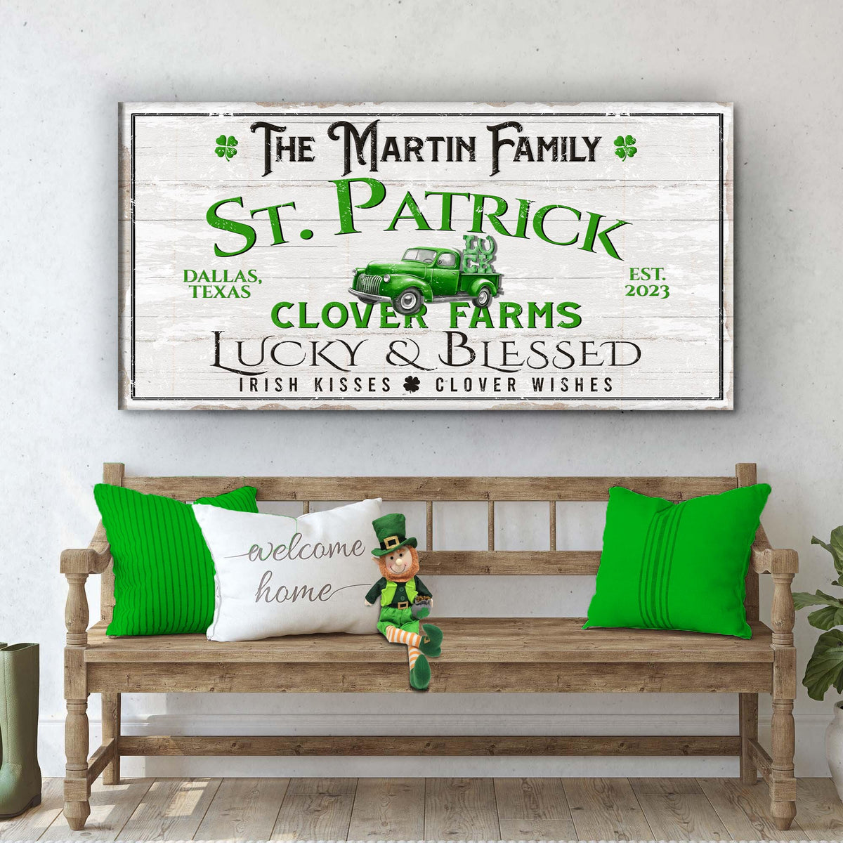St Patrick Farmhouse Family Sign canvas with whitewashed wood, green lettering, shamrocks on Tampa Home & Garden Store