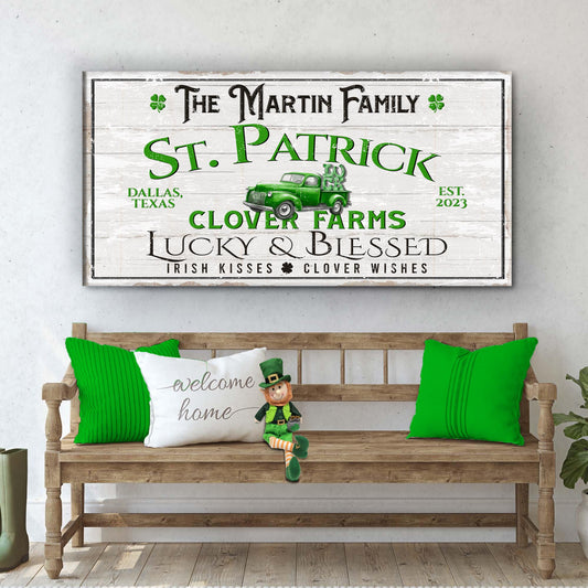St Patrick Farmhouse Family Sign canvas with whitewashed wood, green lettering, shamrocks on Tampa Home & Garden Store