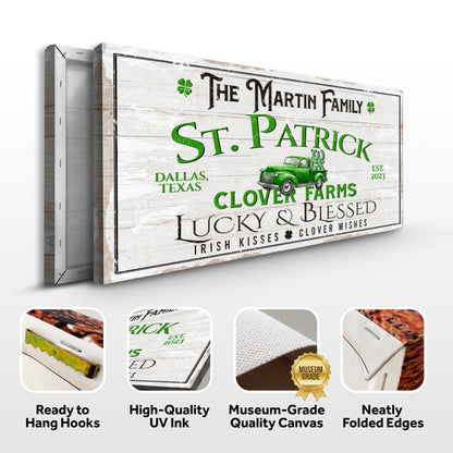 Custom St Patrick Farmhouse Family Sign Canvas with wood background and green lettering on Tampa Home & Garden Store