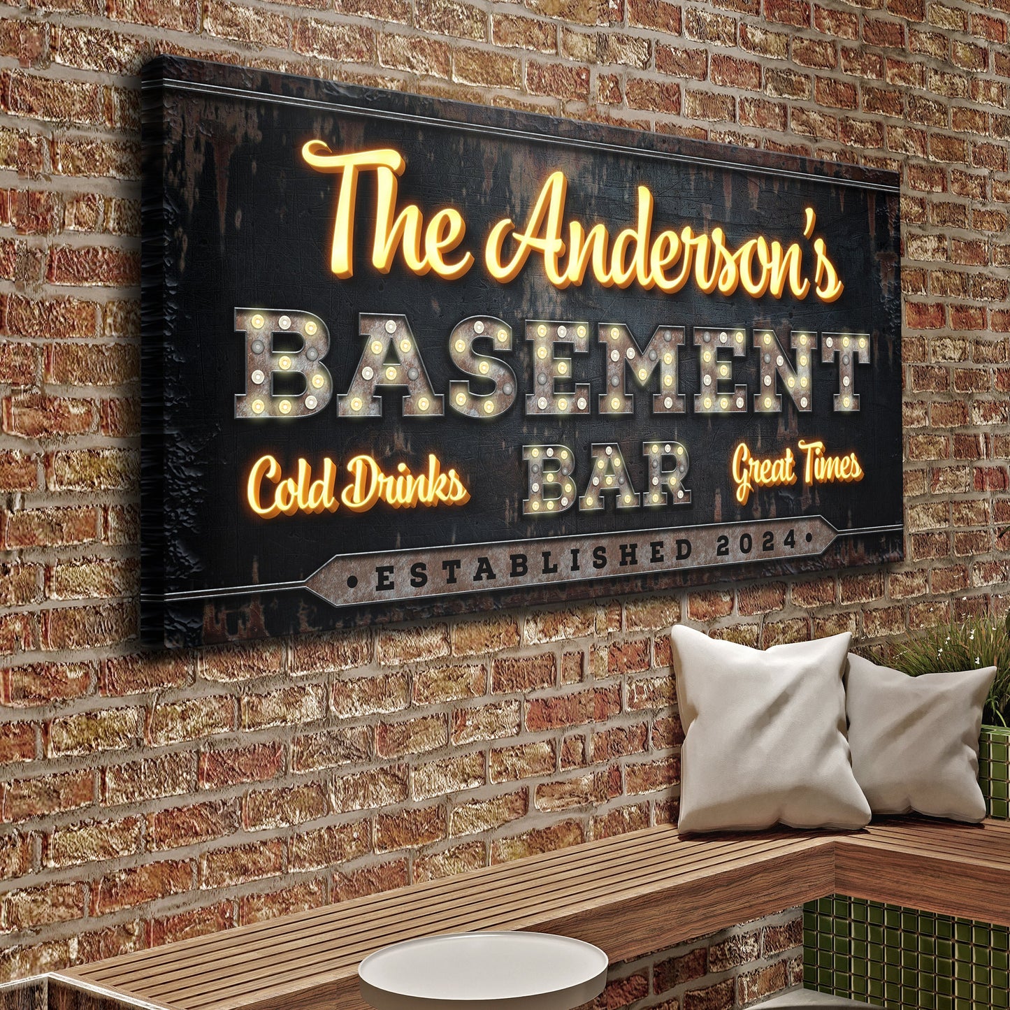 Custom Vintage Rust Basement Bar Sign canvas by Tailored Canvases with neon script on brick on Tampa Home & Garden Store