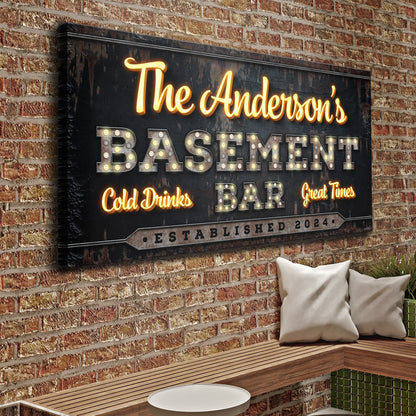 Custom Vintage Rust Basement Bar Sign canvas by Tailored Canvases with neon script on brick on Tampa Home & Garden Store