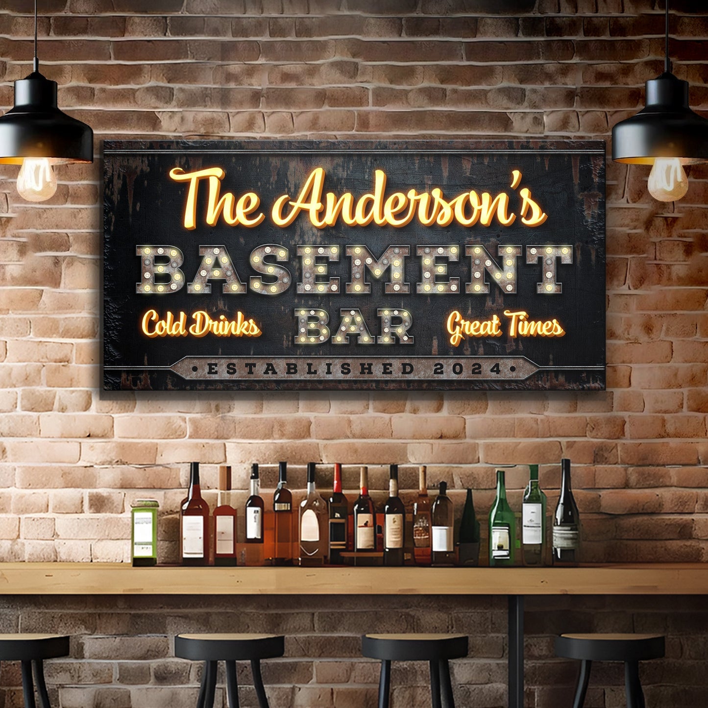 Custom Vintage Rust Basement Bar Sign III canvas with neon Anderson's lit BASEMENT letters on Tampa Home & Garden Store