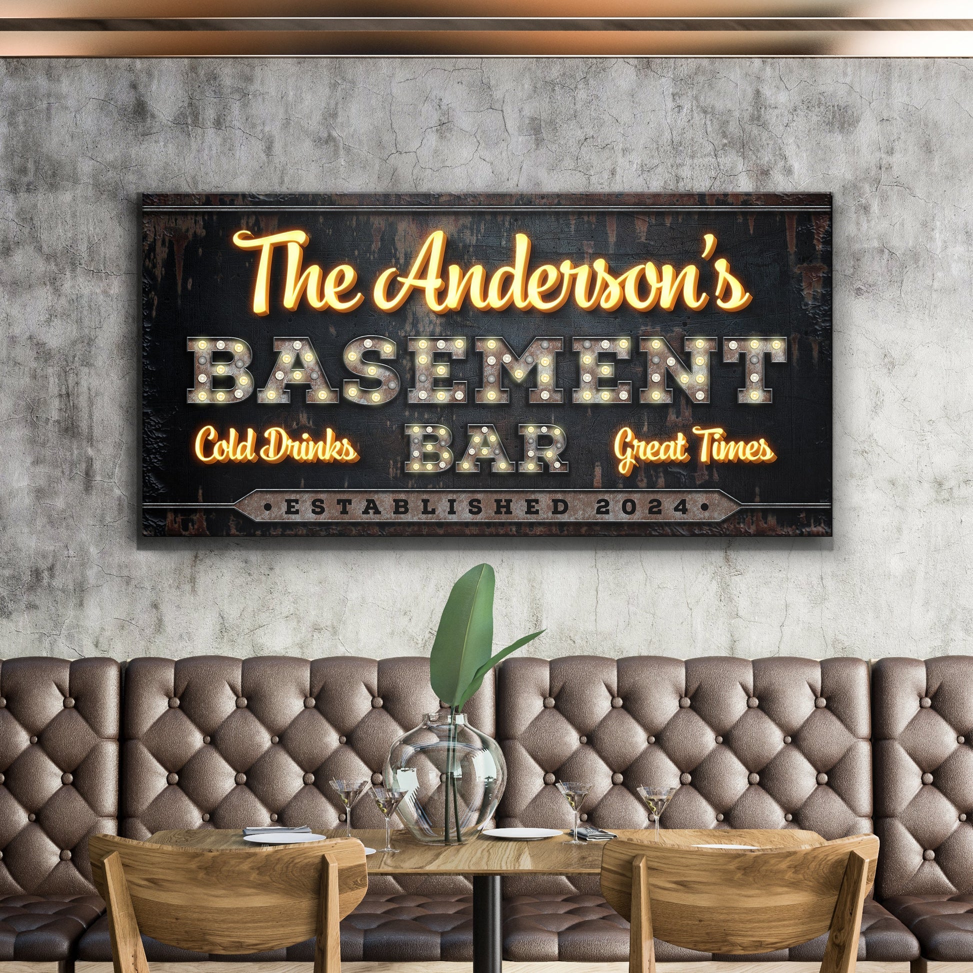 Custom Vintage Rust Bar Sign III canvas with neon The Anderson's BASEMENT lettering BAR on Tampa Home & Garden Store
