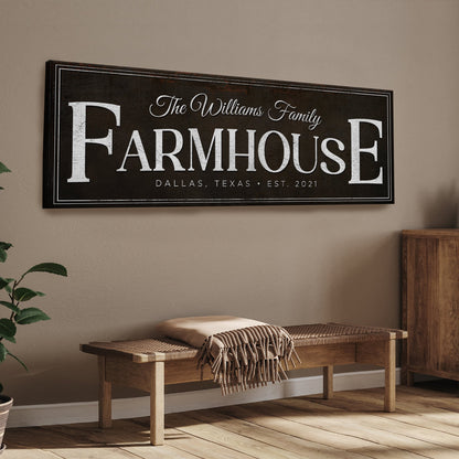 Custom Vintage Rust Farmhouse Sign III canvas by Tailored Canvases with white FARMHOUSE lettering on Tampa Home & Garden Store