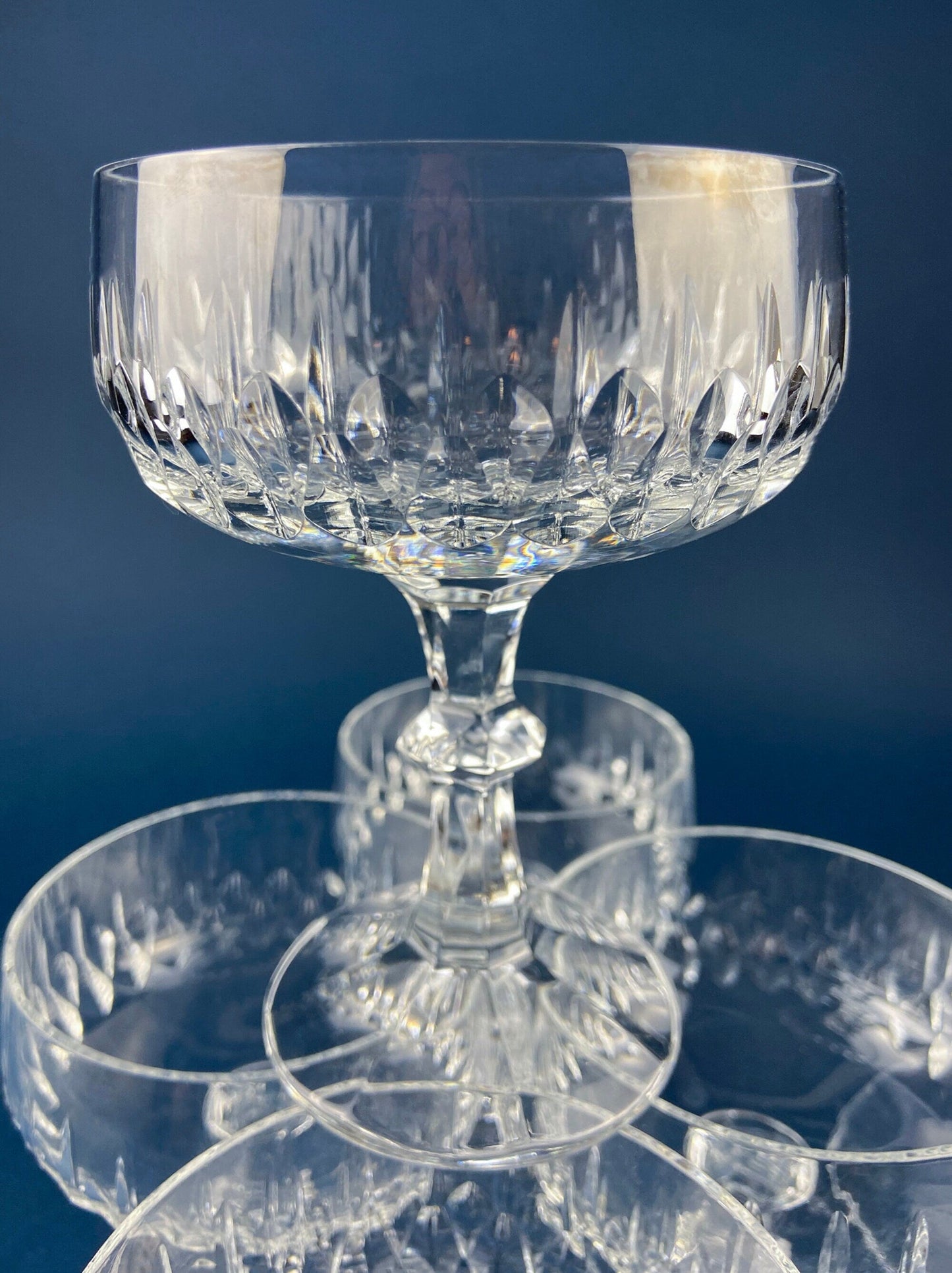 Cut Crystal Champagne Glasses. Geometrical Motif. Set of 7 Stemware. Incredible Shimmer & Ping. Wedding Gift. Housewarming Celebration. - Tampa Home & Garden Store