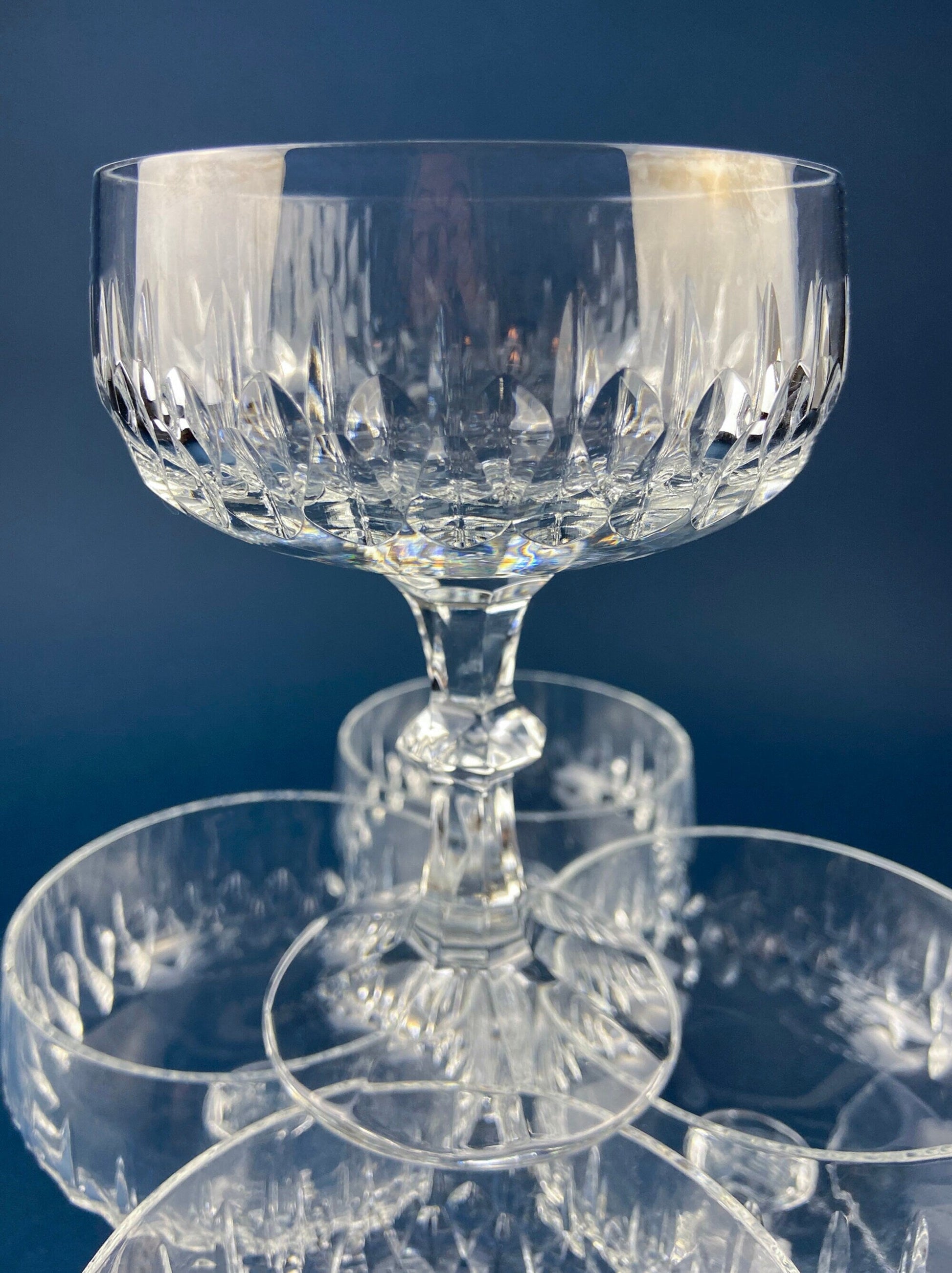 Cut Crystal Champagne Glasses. Geometrical Motif. Set of 7 Stemware. Incredible Shimmer & Ping. Wedding Gift. Housewarming Celebration. - Tampa Home & Garden Store