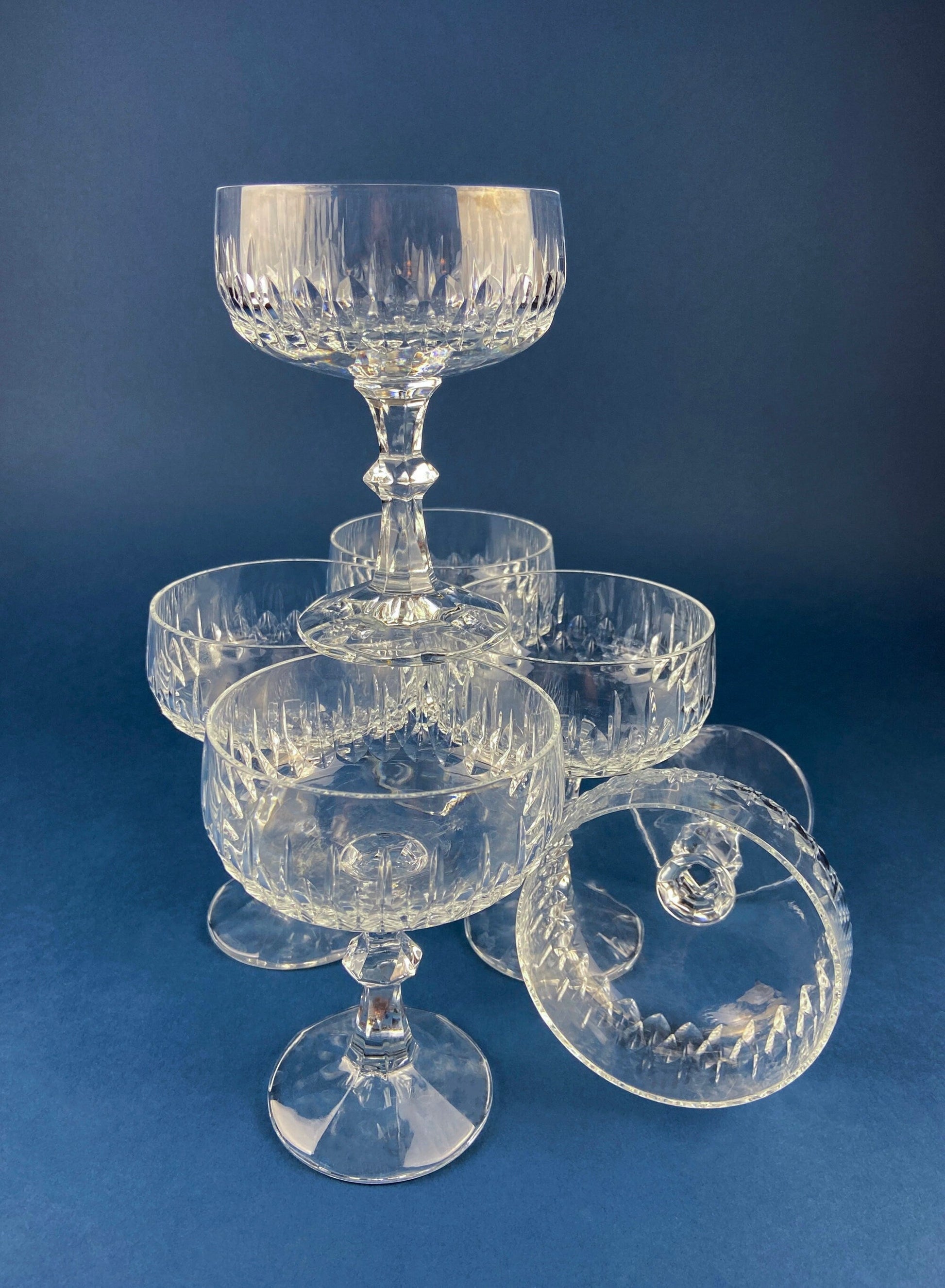 Cut Crystal Champagne Glasses. Geometrical Motif. Set of 7 Stemware. Incredible Shimmer & Ping. Wedding Gift. Housewarming Celebration. - Tampa Home & Garden Store