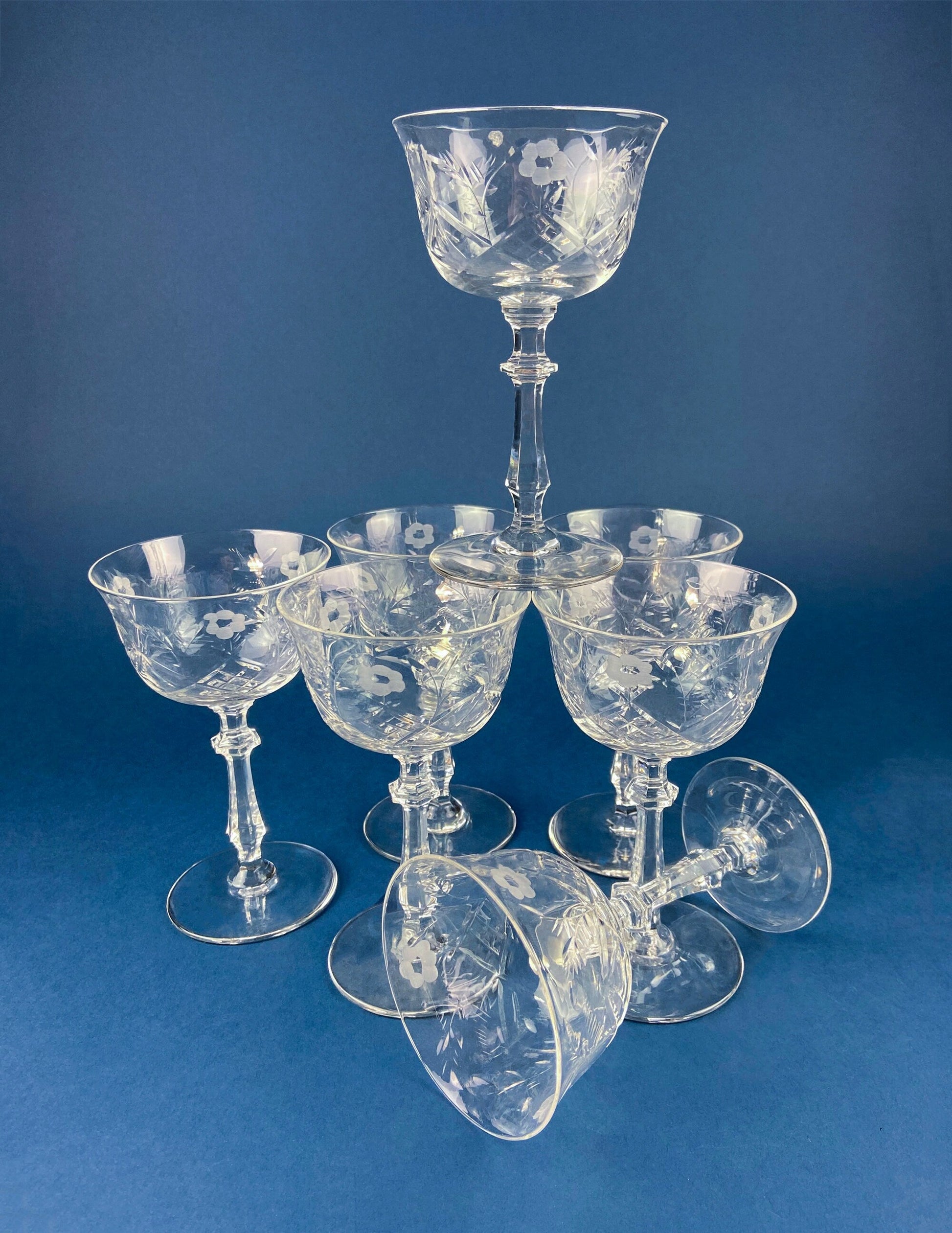Cut Crystal Champagne Glasses. Geometrical Motif. Set of 7 Stemware. Incredible Shimmer & Ping. Wedding Gift. Housewarming Celebration. - Tampa Home & Garden Store