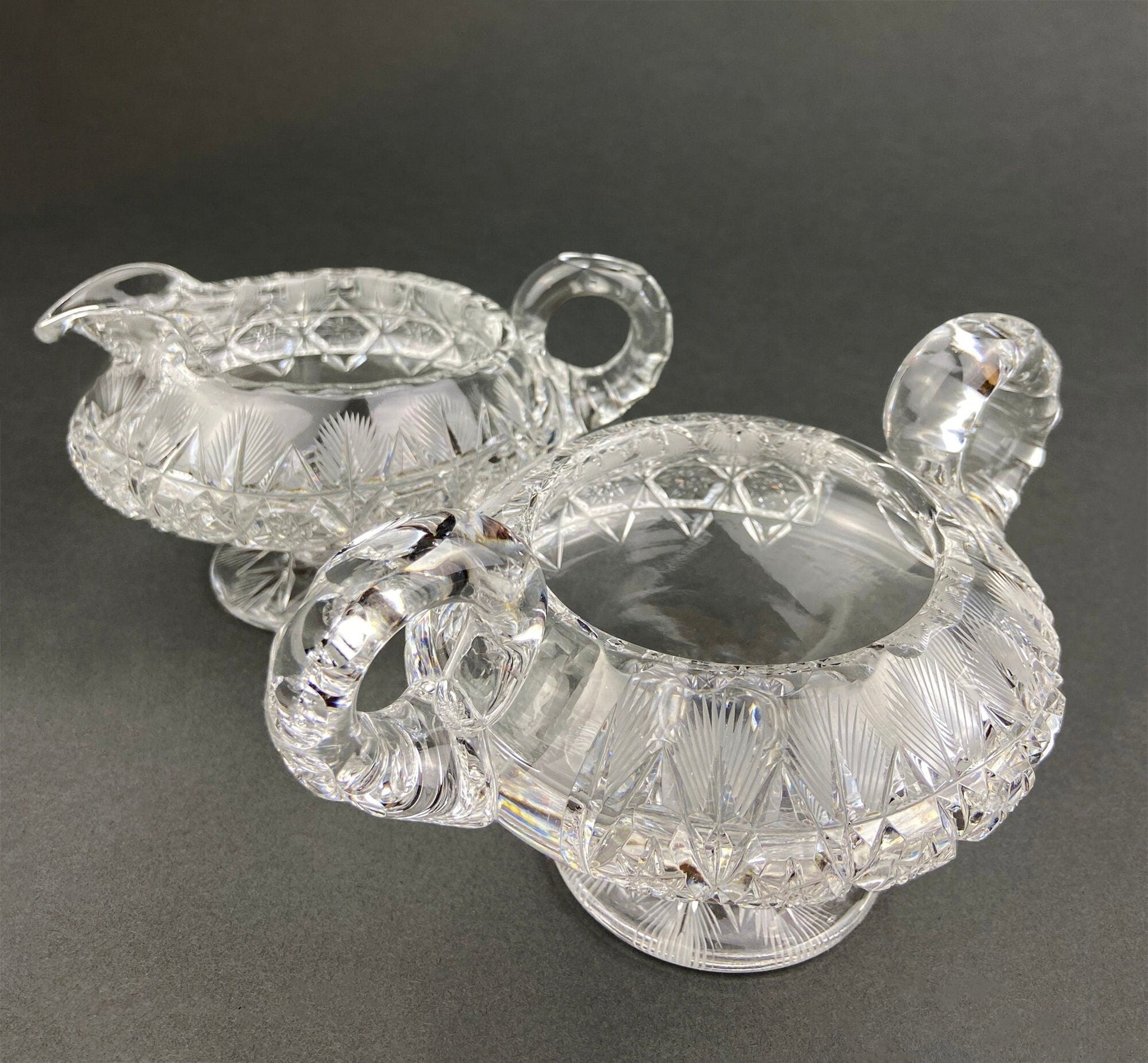 Cut Crystal Creamer and Sugar Bowls: Feather Cut Pattern, Set of Two - Tampa Home & Garden Store