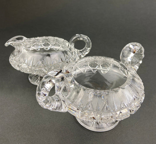 Cut Crystal Creamer and Sugar Bowls: Feather Cut Pattern, Set of Two - Tampa Home & Garden Store