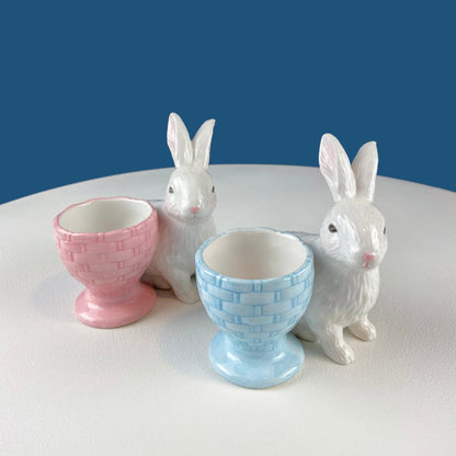 Cute Boy and Girl Bunnies Egg Cups. Rabbits with Blue and Pink Baskets. Set of Two Serving Dishes. Easter/Spring Celebration. - Tampa Home & Garden Store