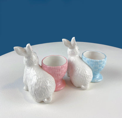 Cute Boy and Girl Bunnies Egg Cups. Rabbits with Blue and Pink Baskets. Set of Two Serving Dishes. Easter/Spring Celebration. - Tampa Home & Garden Store