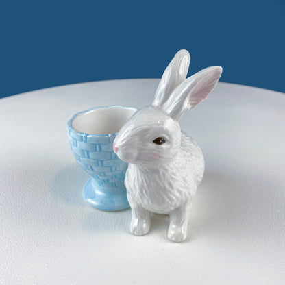 Cute Boy and Girl Bunnies Egg Cups. Rabbits with Blue and Pink Baskets. Set of Two Serving Dishes. Easter/Spring Celebration. - Tampa Home & Garden Store