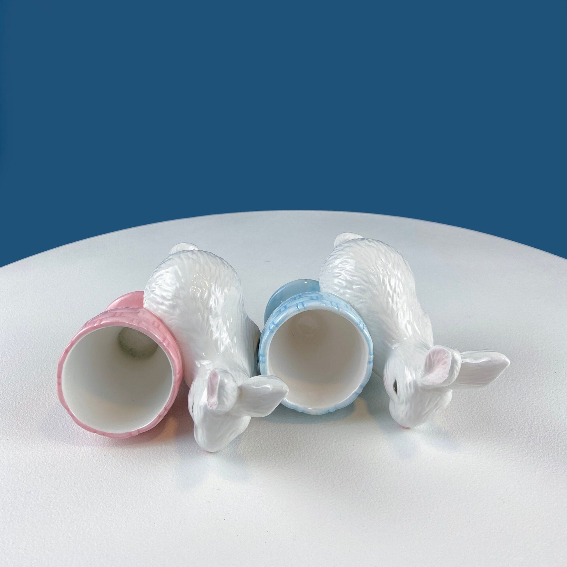 Cute Boy and Girl Bunnies Egg Cups. Rabbits with Blue and Pink Baskets. Set of Two Serving Dishes. Easter/Spring Celebration. - Tampa Home & Garden Store