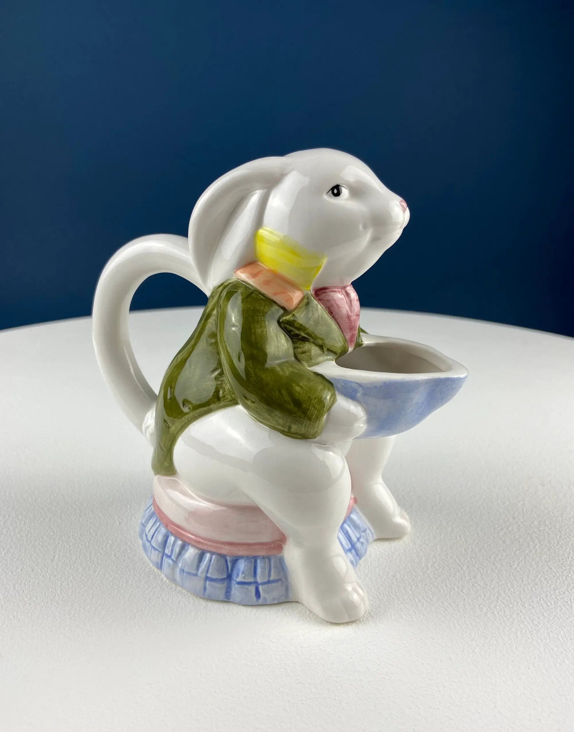 Cute Bunny Creamer Dispenser ceramic figurine with white bunny in green coat and blue bowl on Tampa Home & Garden Store