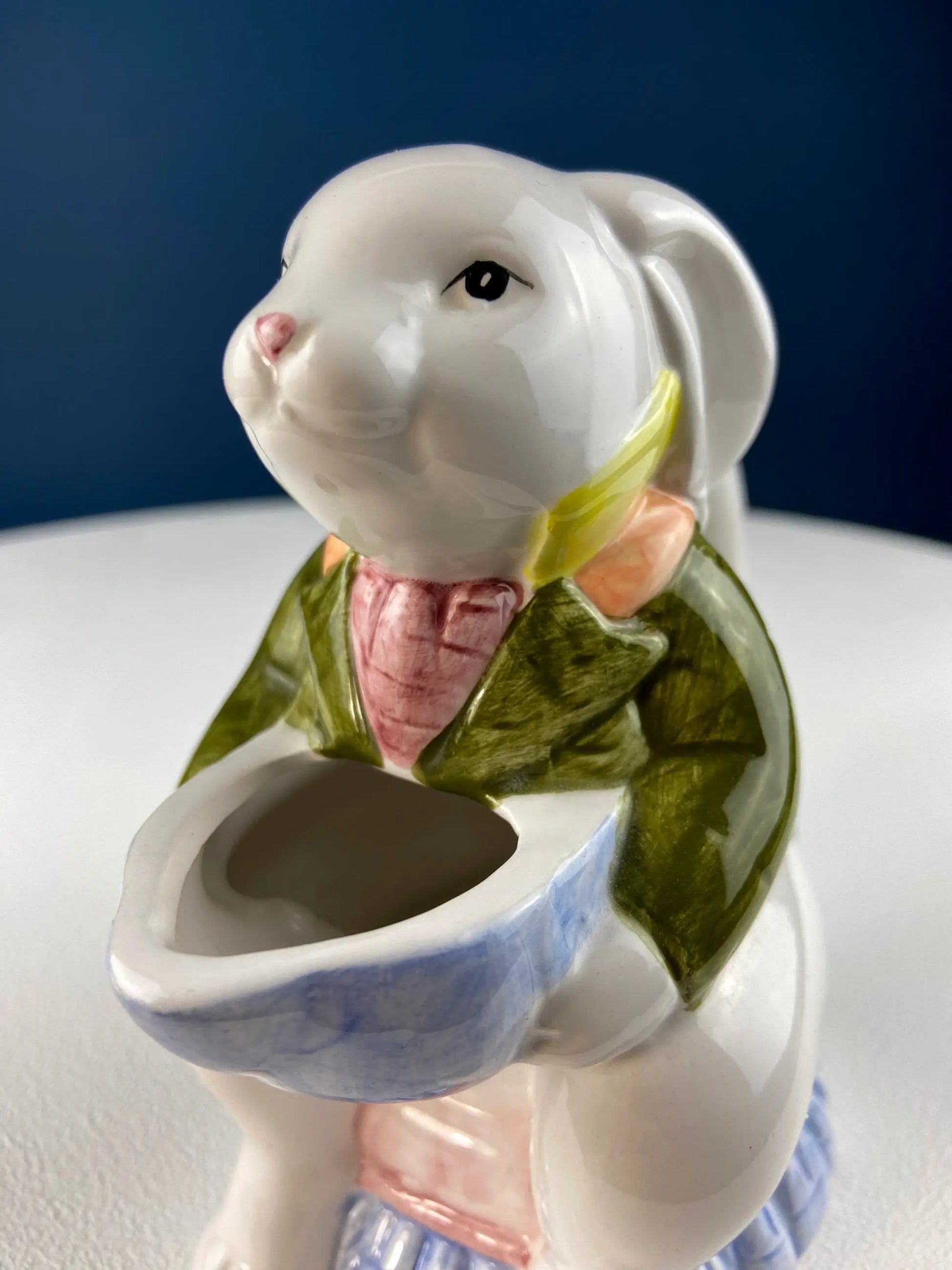 Cute Bunny In Armchair Creamer Dispenser white ceramic green suit pink bow open pour cavity on Tampa Home & Garden Store