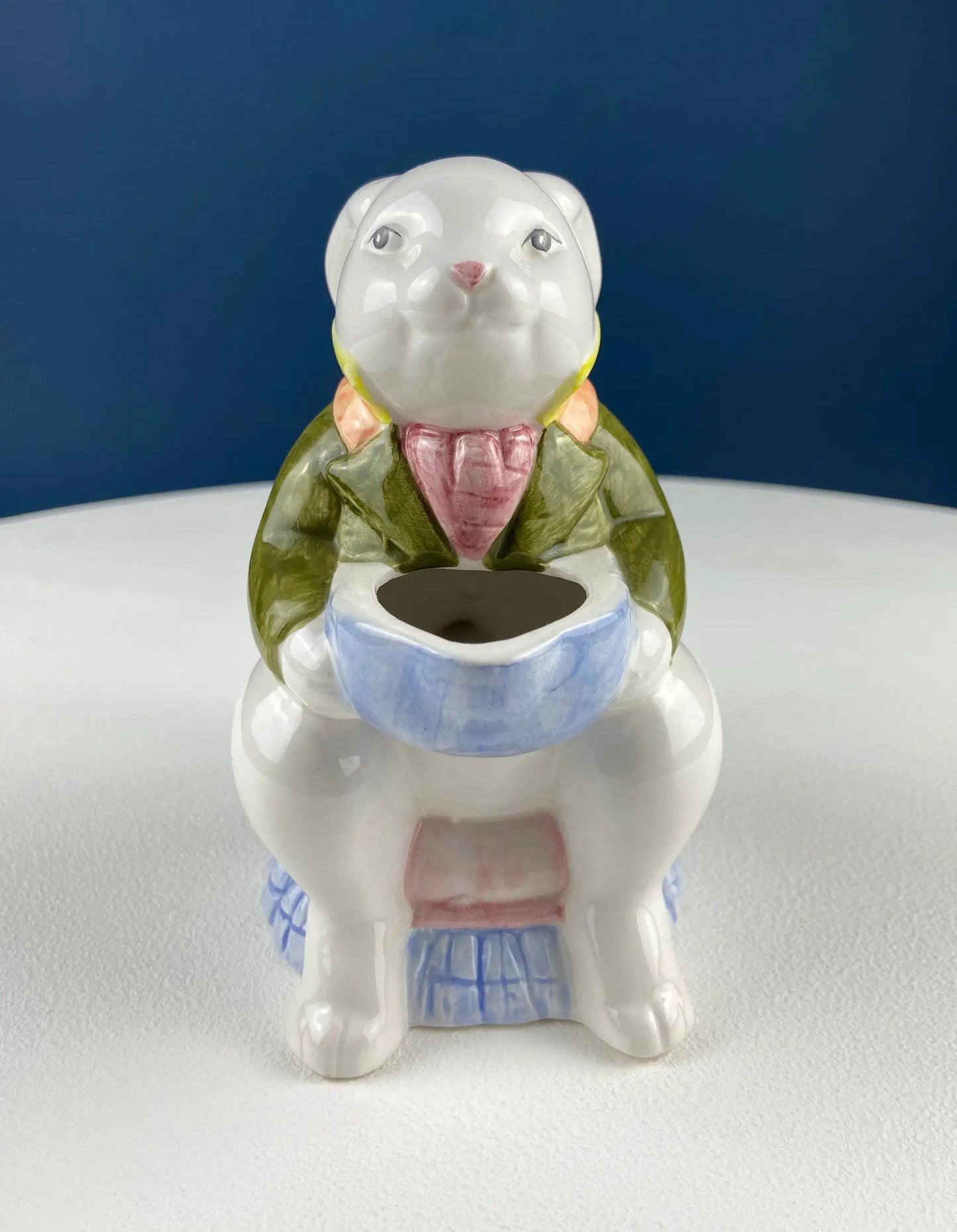 Cute bunny in armchair ceramic creamer dispenser with green coat and pink bow on Tampa Home & Garden Store