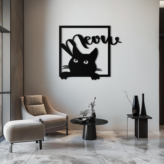 Cute Peeking Cat "Meow" Metal Wall Art – Playful Black Cat Silhouette Steel Decor for Pet Lovers and Home Interiors- KAF425 - Tampa Home & Garden Store