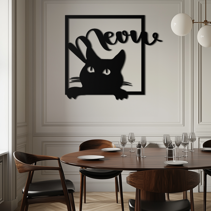 Cute Peeking Cat "Meow" Metal Wall Art – Playful Black Cat Silhouette Steel Decor for Pet Lovers and Home Interiors- KAF425 - Tampa Home & Garden Store