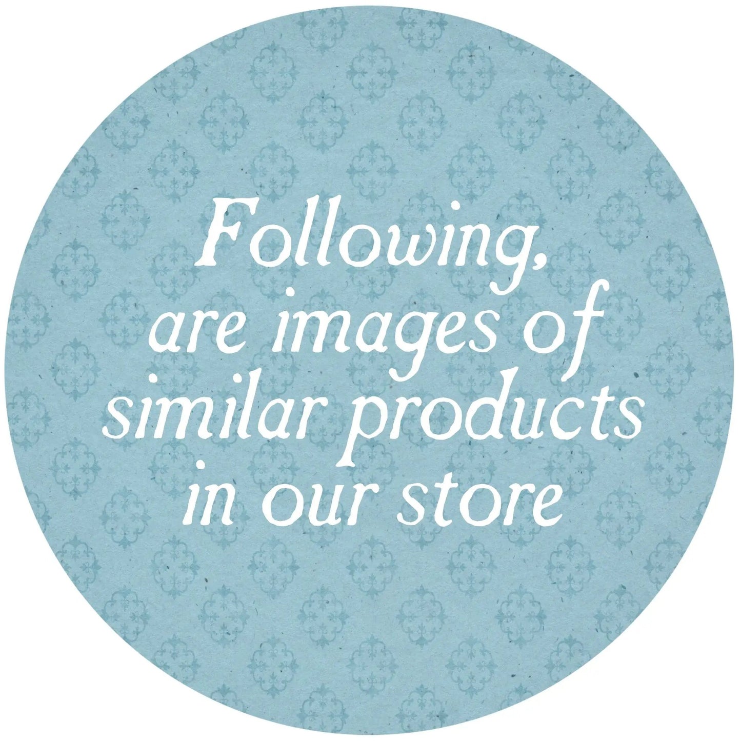 Blue round sign with damask pattern and white cursive text decorative Easter display tag on Tampa Home & Garden Store