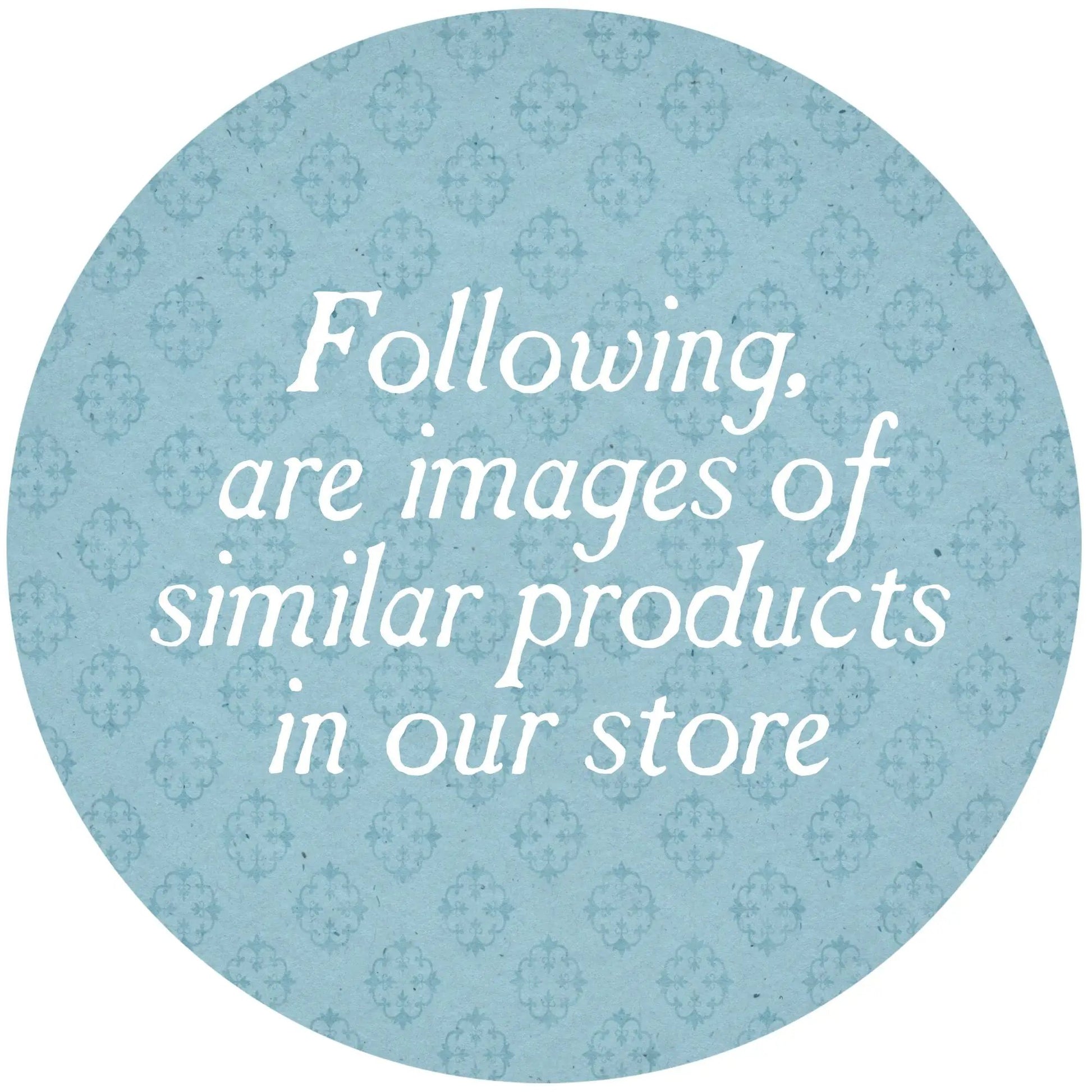 Blue round sign with damask pattern and white cursive text decorative Easter display tag on Tampa Home & Garden Store