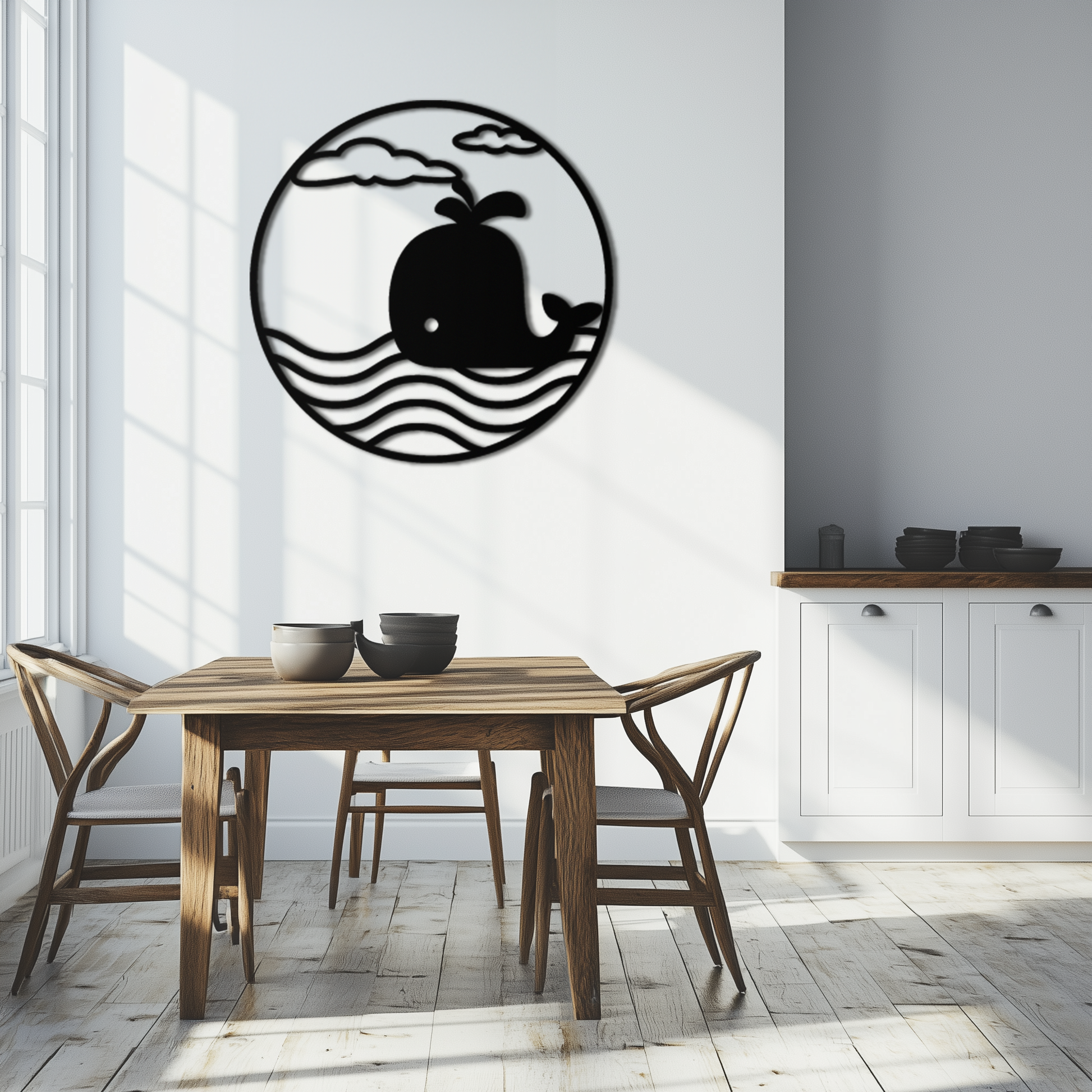 Cute Whale Ocean Scene Metal Wall Art – Playful Circular Black Steel Decor for Kids Rooms, Nurseries, and Coastal Interiors- KAF443 - Tampa Home & Garden Store