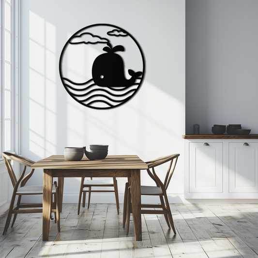 Cute Whale Ocean Scene Metal Wall Art – Playful Circular Black Steel Decor for Kids Rooms, Nurseries, and Coastal Interiors- KAF443 - Tampa Home & Garden Store