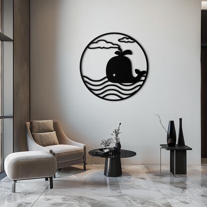 Cute Whale Ocean Scene Metal Wall Art – Playful Circular Black Steel Decor for Kids Rooms, Nurseries, and Coastal Interiors- KAF443 - Tampa Home & Garden Store