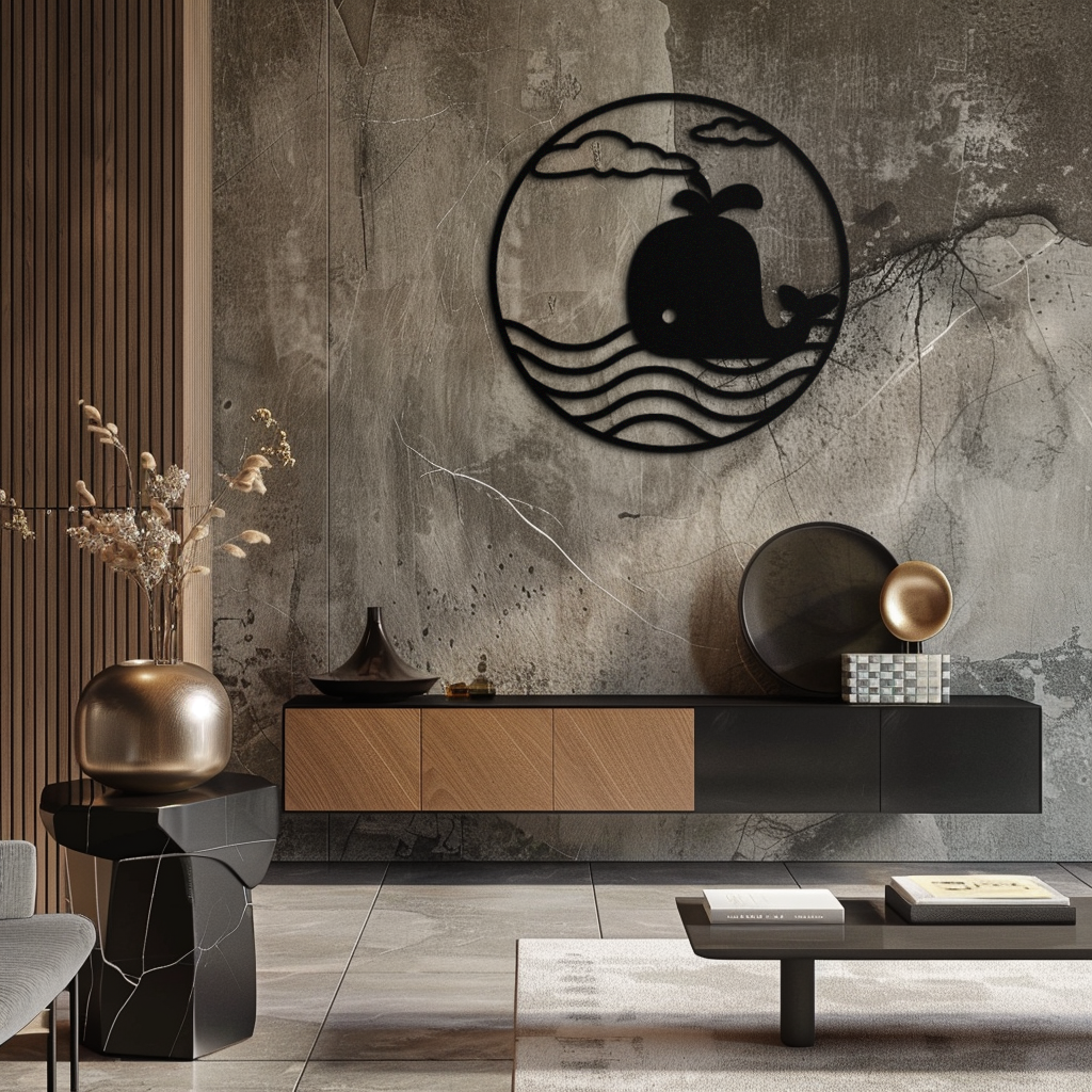 Cute Whale Ocean Scene Metal Wall Art – Playful Circular Black Steel Decor for Kids Rooms, Nurseries, and Coastal Interiors- KAF443 - Tampa Home & Garden Store