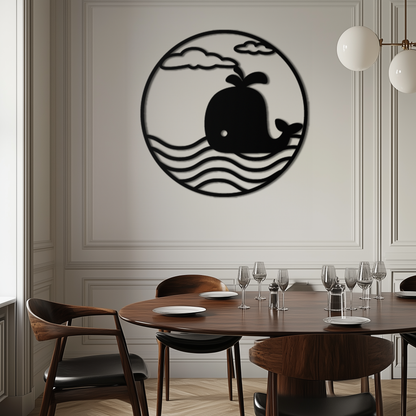 Cute Whale Ocean Scene Metal Wall Art – Playful Circular Black Steel Decor for Kids Rooms, Nurseries, and Coastal Interiors- KAF443 - Tampa Home & Garden Store