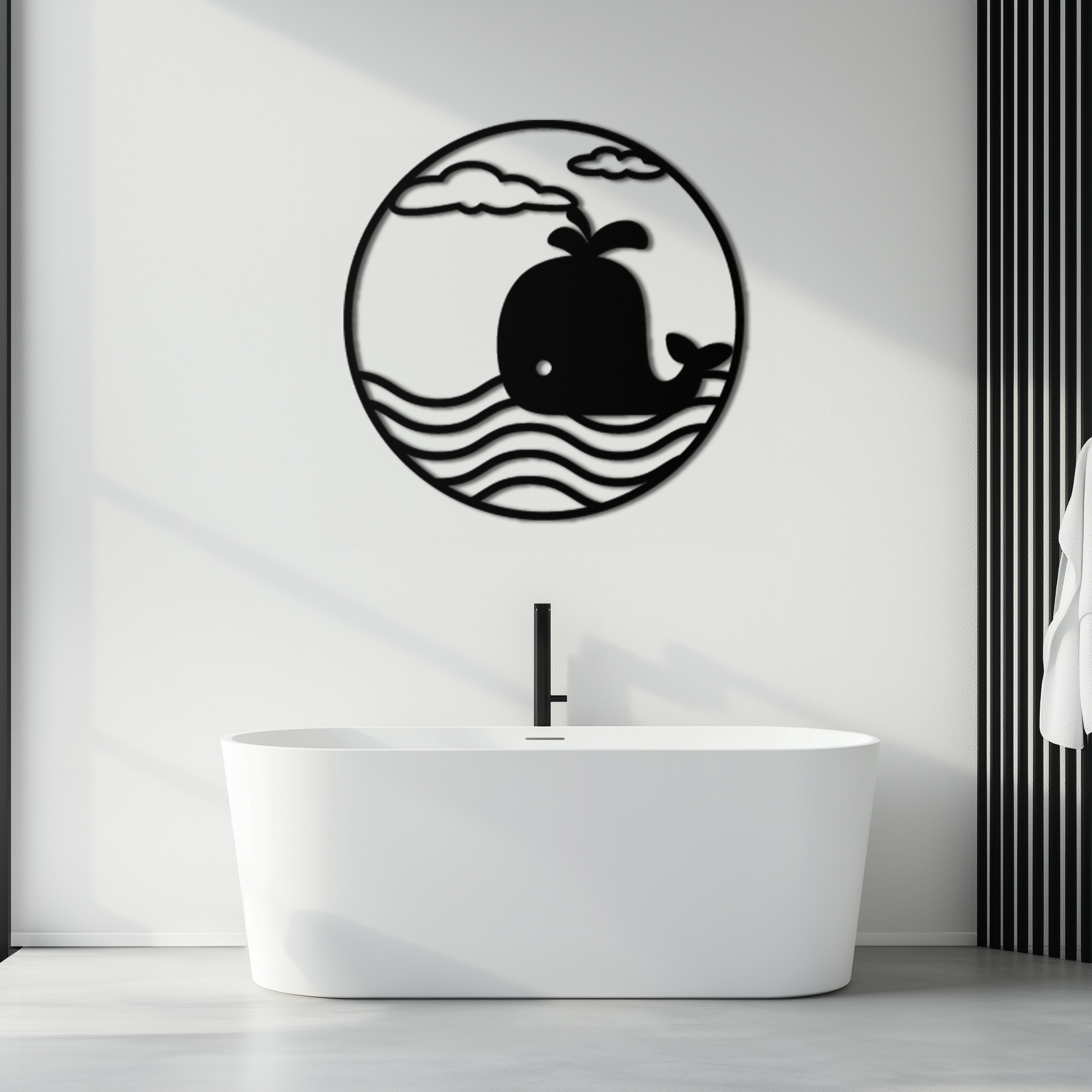 Cute Whale Ocean Scene Metal Wall Art – Playful Circular Black Steel Decor for Kids Rooms, Nurseries, and Coastal Interiors- KAF443 - Tampa Home & Garden Store
